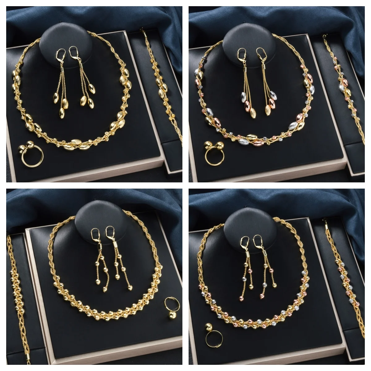 

Gold Plated 4Pcs Jewelry Set for Women Floral Hoop Necklace Tassel Earrings Bracelet Ring Bridal Wedding Party Anniversary Gifts