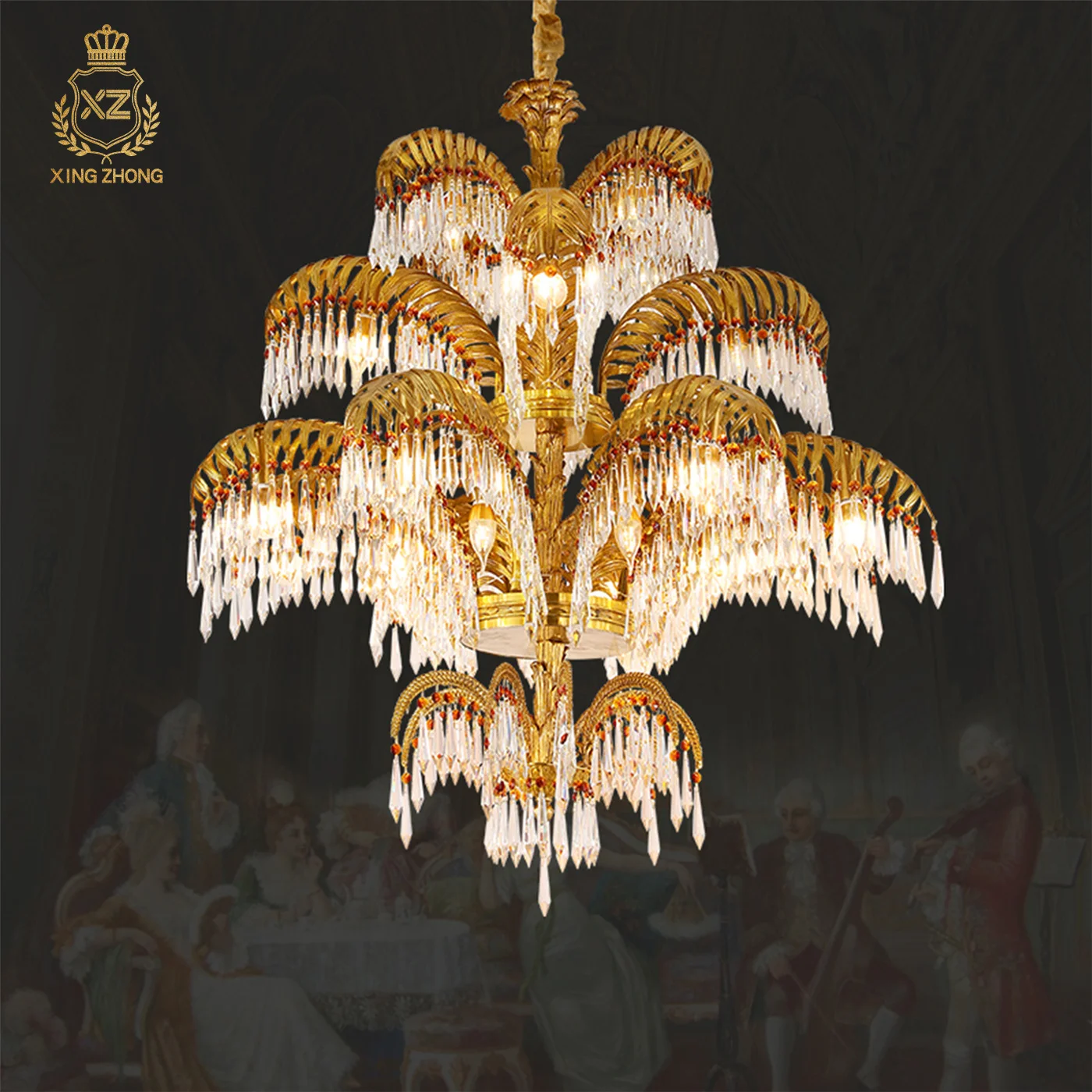 

French Villa Duplex Indoor Luxury Crystal Chandelier Mid Century Living Room Hotel Banquet Hall Brass Pendant Lamp