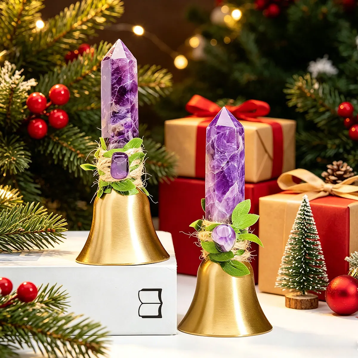 1PC Natural Amethyst Crystal Point & Brass Hand Bell, Copper Bell for Bed Call, Class Remind & Home Decoration, Christmas Bell G