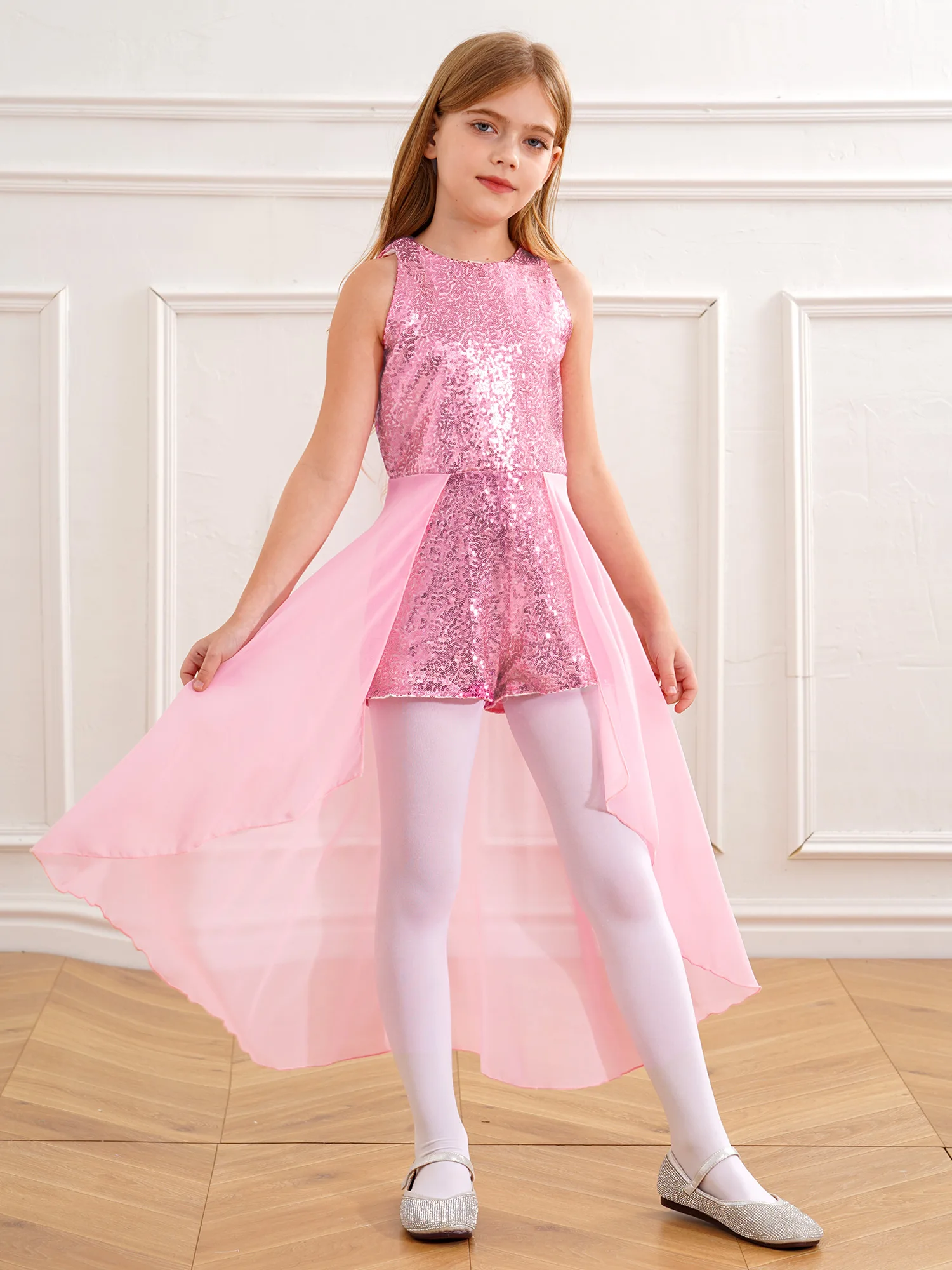 Kids Girls Contemporary Lyrical Dance Dress Ballet Gymnastic Romper Dress Sequins Sleeveless Prom Party Performance Costume