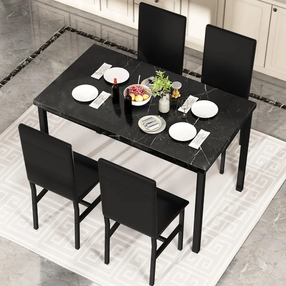 and Chairs for 4, Compact Furniture 5-Piece Dining Room Table Set Faux Marble Table with 4 PU Leather Upholstered S