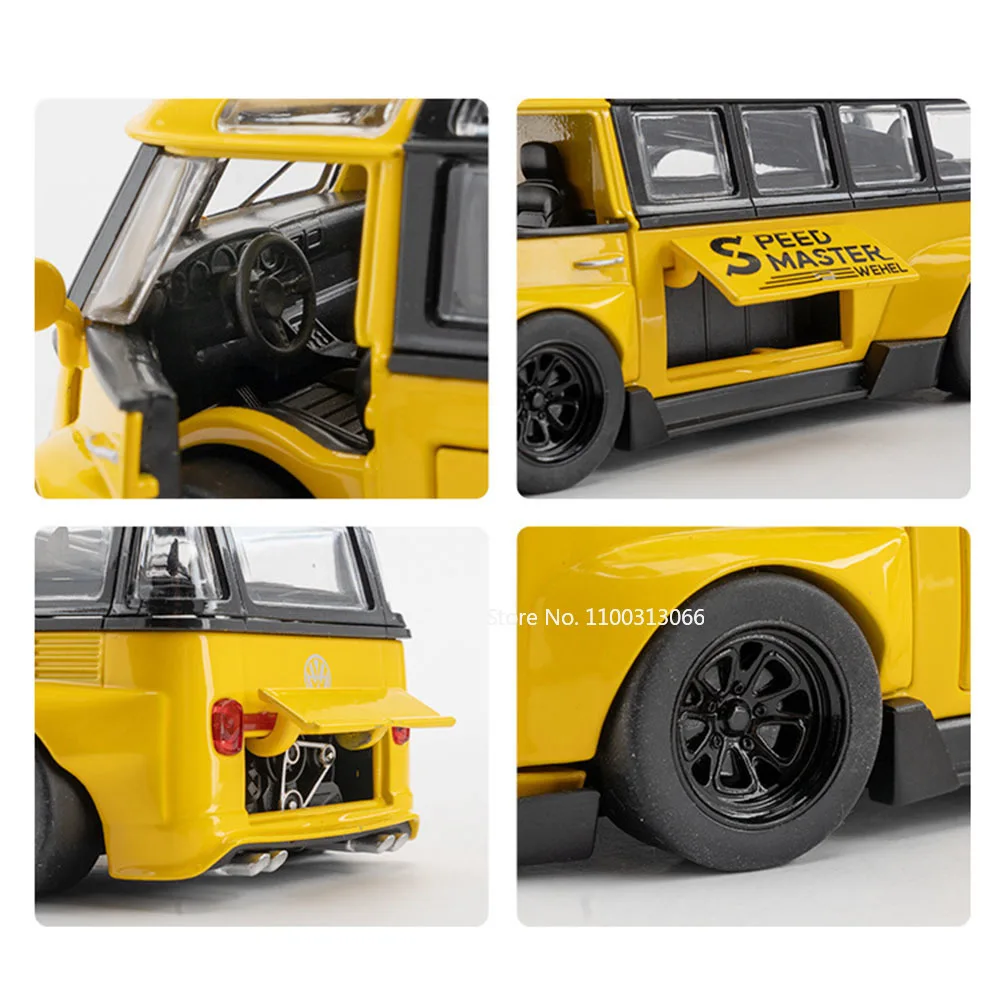 1:32 volkswagen t1 ônibus modelo carros de liga diecast brinquedos portas abertas veículo com música leve puxar para trás ônibus para crianças presentes adultos