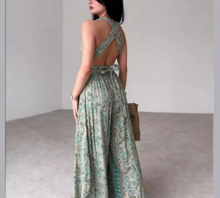 Jumpsuit Women 2025 Summer New Fashion Fresh Floral High Waist Sexy Backless Lace-Up Sleeveless Casual V-Neck Wide Leg Jumpsuit