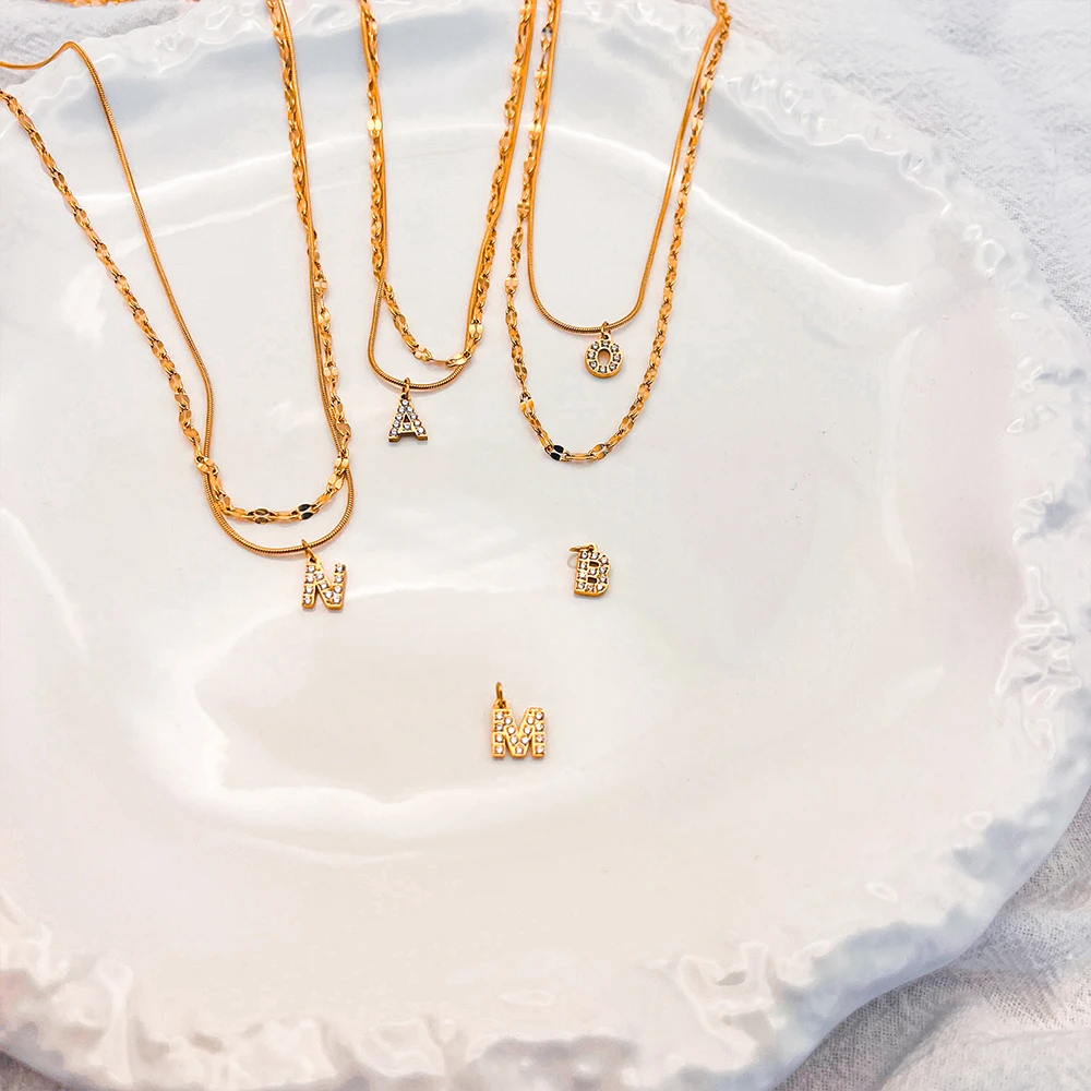 eManco مزدوجة الفولاذ المقاوم للصدأ جولة ثعبان سلسلة قلادة ضوء فاخر زركونيا الأبجدية قلادة A-Z الأزياء والمجوهرات بالجملة #4