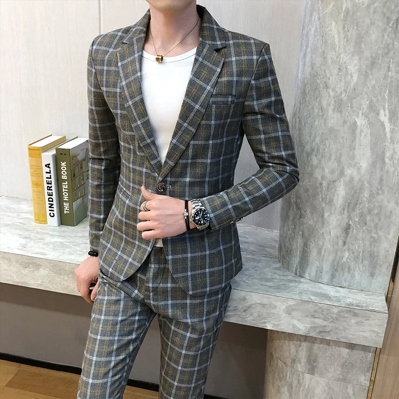 

British Style Plaid Suit Set Men ( Jackrt+pants) 2 Pieces Casual Business Blazer Trousers Party Prom Wedding Groom Men Clothing