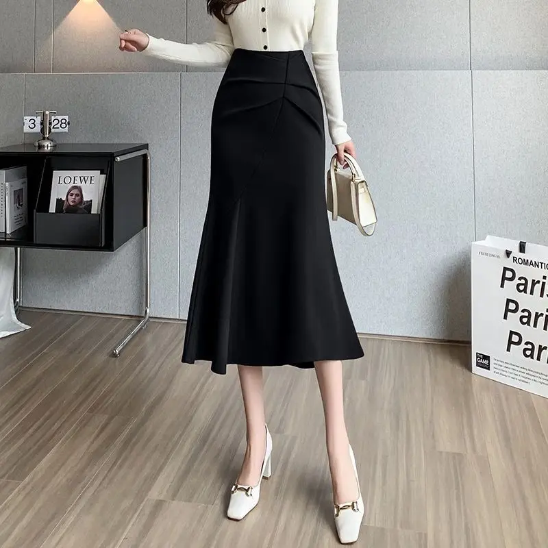 

New Spring and Summer Women's Solid Color High Waist Slim Appear Thin Bag Hip Mermaid Irregular Folds Fashion All Match Skirt