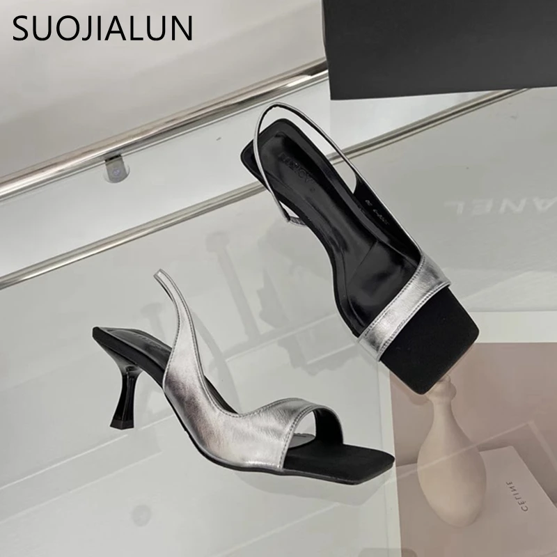 SUOJIALUN 2024 Summer New Brand Women Sandal Fashion Square Toe Shallow Ladies Elegant Slides Thin High Heel Outdoor Dress Pumps