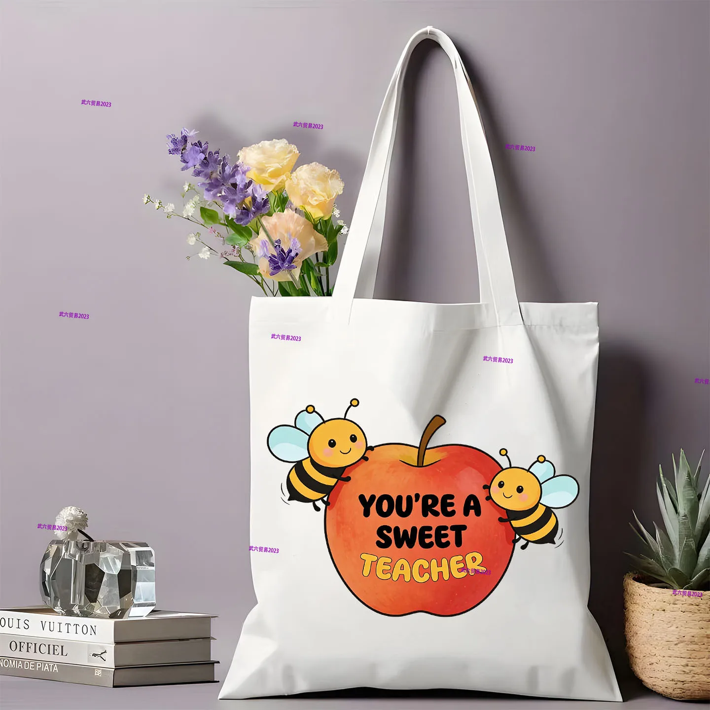 Reusable Canvas Shopping Bag Cute Bee Book Letter Print Shoulder Tote Handbag Thank You Gift for Teacher School Daily Use