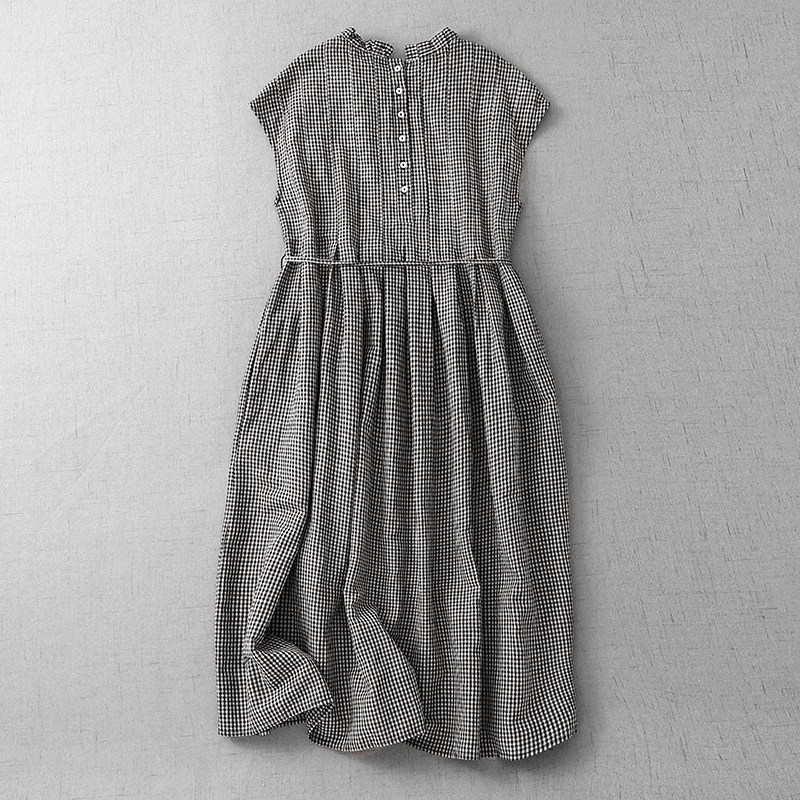 Vestido Midi Hoado de Verano a Cuadros Blancos y Nes, de Aodón, H a Mano, con Cinturón, Cintura Alta, Pado, Sin...