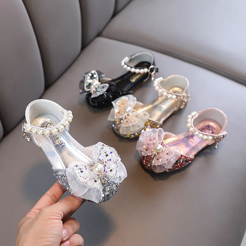 Girls Sandals Fashion Little Girl Sweet Bow Princess Shoes Students 2023 New Temperament Children Soft Flat Non-slip Sandal H544