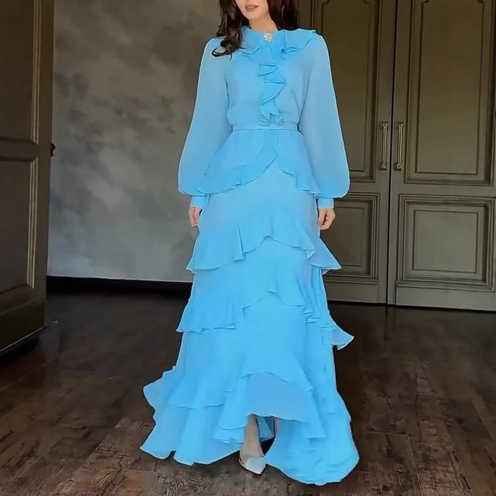 Estilo francês strass em torno do pescoço lanterna manga assimétrico vestido com zíper voltar em camadas plissado chiffon vestido de noite com cinto