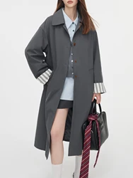 FSLE Single Breasted Trench Coat for Women 2024 New Korean Version Design Sense Contrasting Color Medium Long Jacket 24FS13181