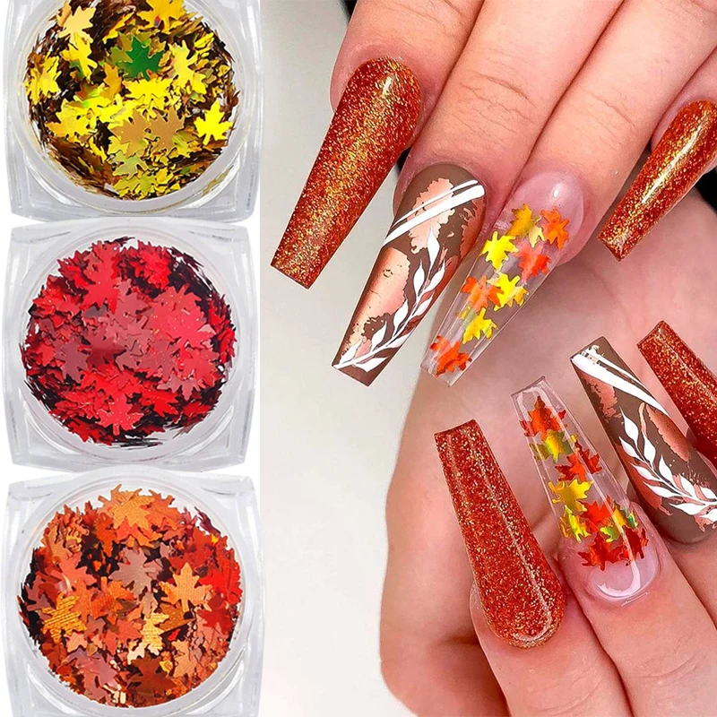 Shiny Golden Maple Leaf Nail Glitter Sequins Powder Autumn Design Decoration Accessories Fall Nail Supplies For Professional