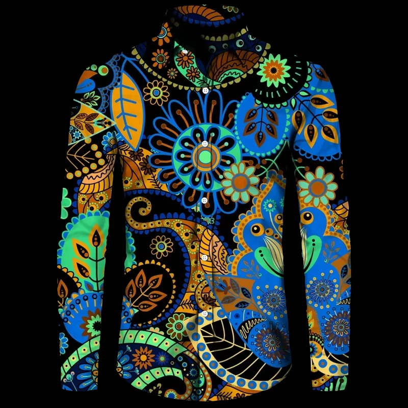 New Fashion Men's Shirt Paisley Cashew Flower 3D Print Turn-down Collar Button Long Sleeve Tops Vintage Men Streetwear Clothes，
