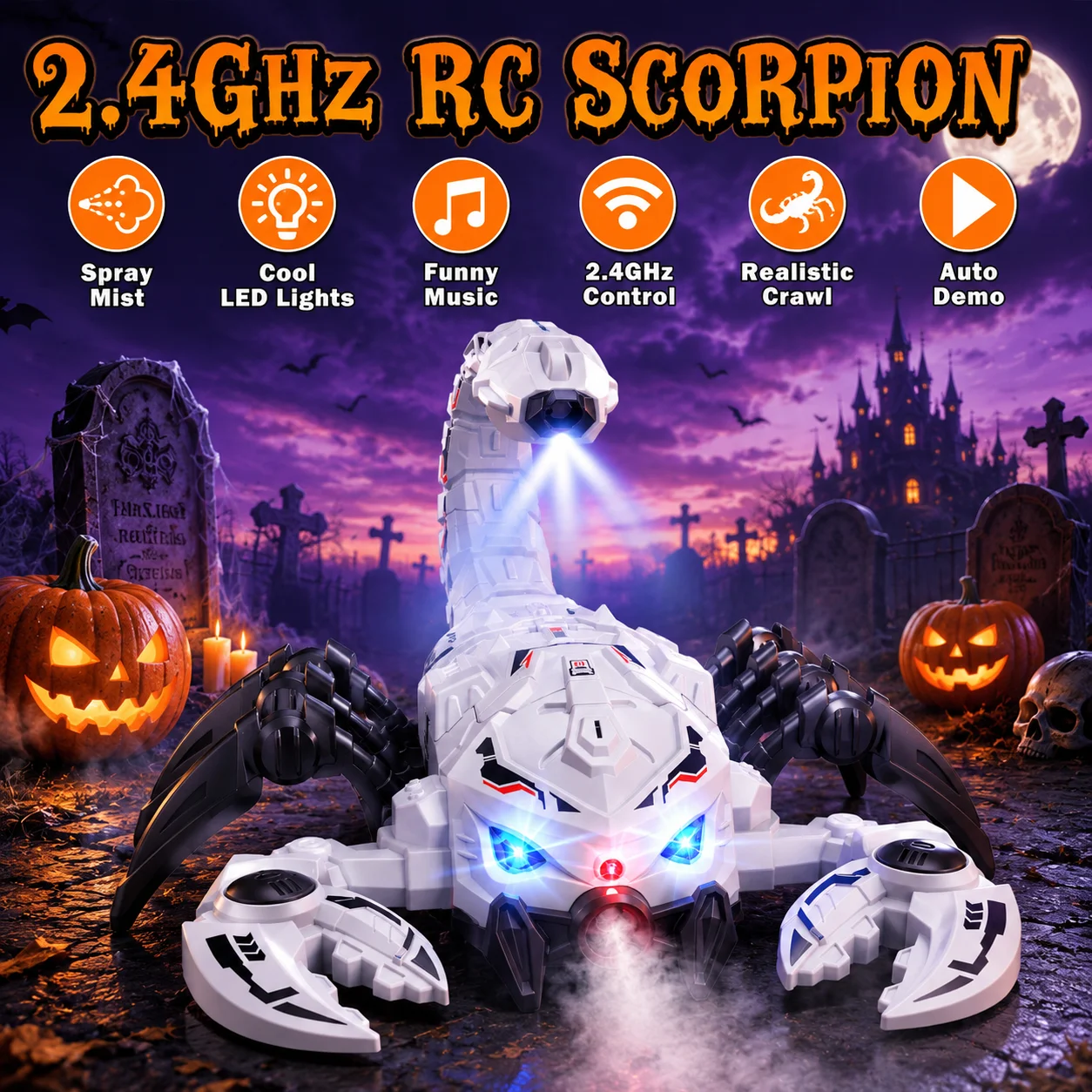 R C Scorpion Toy for Kids, 2.4GHz RC Stunt Robot with Spray, Lights, Music & Demo Mode, Prank Toy Gift for Halloween Christmas