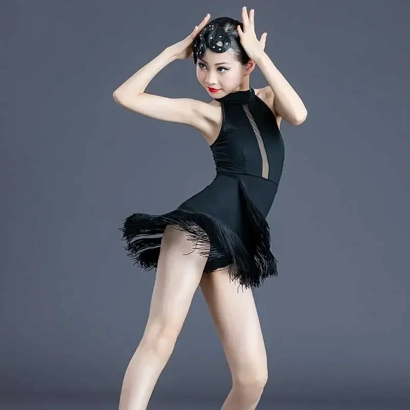 Girl Sexy Latin Dance Dress Black Children Professional Competition Ballroom Dance Dresses Tassel Tanggo Cha-cha Waltz Dancewear