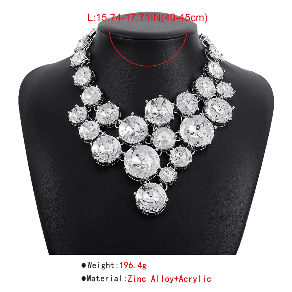 Exaggerated Rhinestone Large Round Stone Choker Necklace Bracelet Set for Girl Crystal Geometric Big Bib Collar Necklace Jewelry