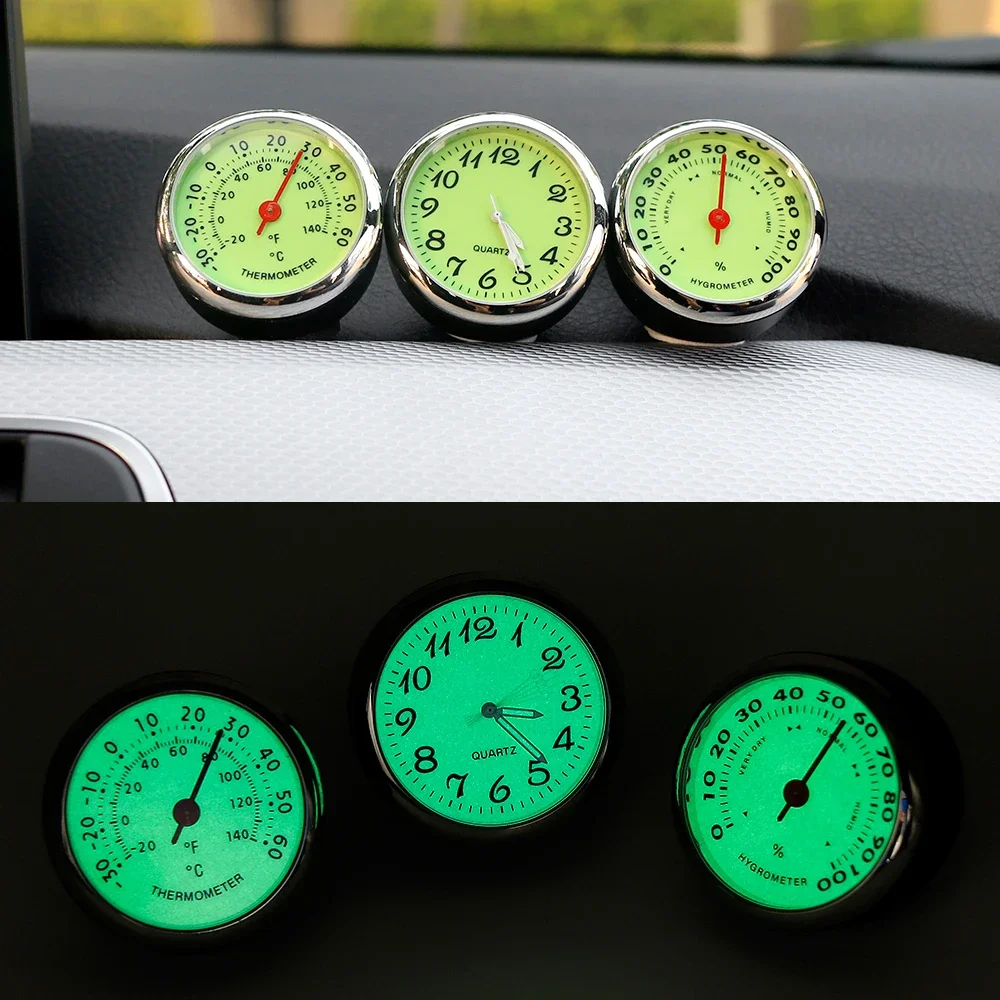 Car Dashboard Luminous Clock 3 In 1 Thermometer Hygrometer Detachable Mini Watch Auto Interior Ornament In-Car Decor Accessories