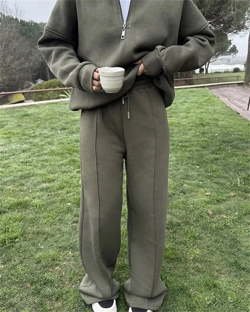 秋の女性用ジッパー付きコットンオーバーサイズホワイトカジュアルツーピースセット、女性用クラシックスポーツトラウザースーツ