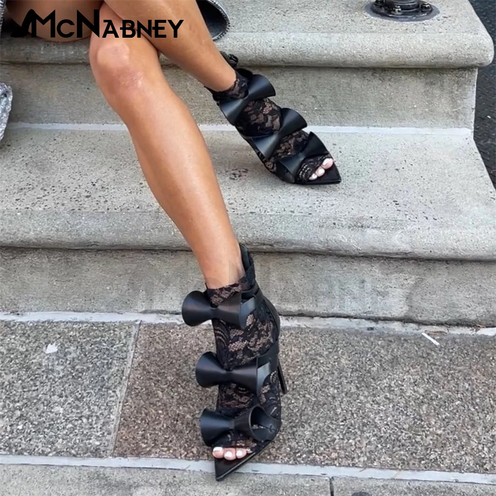 Butterfly Knot Lace Sandals Pointed Toe Stiletto Summer Shoes Sexy Fashion Zipper High Heels Black Lace Leather Sandals for Lady