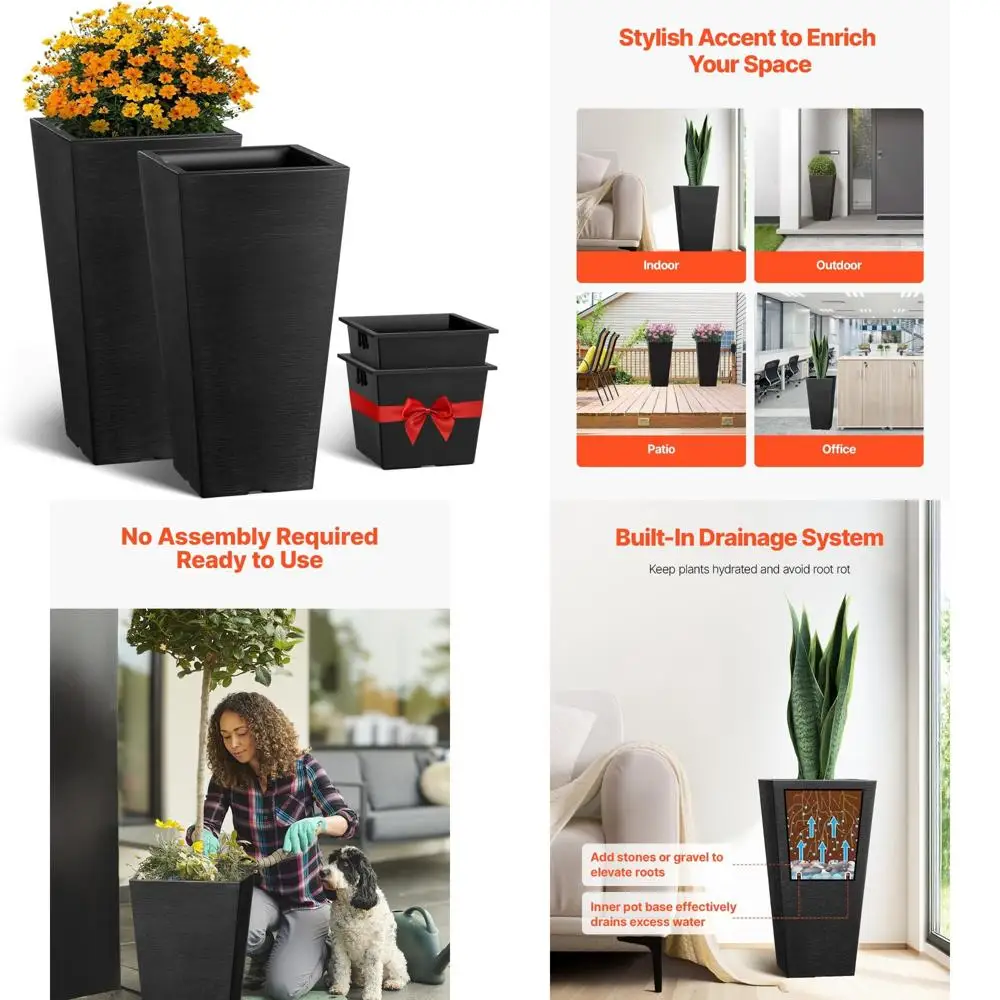 

vevor набор из 2 высоких уличных горшков 22 дюйма, большие кашпо для уличных комнатных растений, черные кашпо на переднюю крыльцо цветочное дерево pl