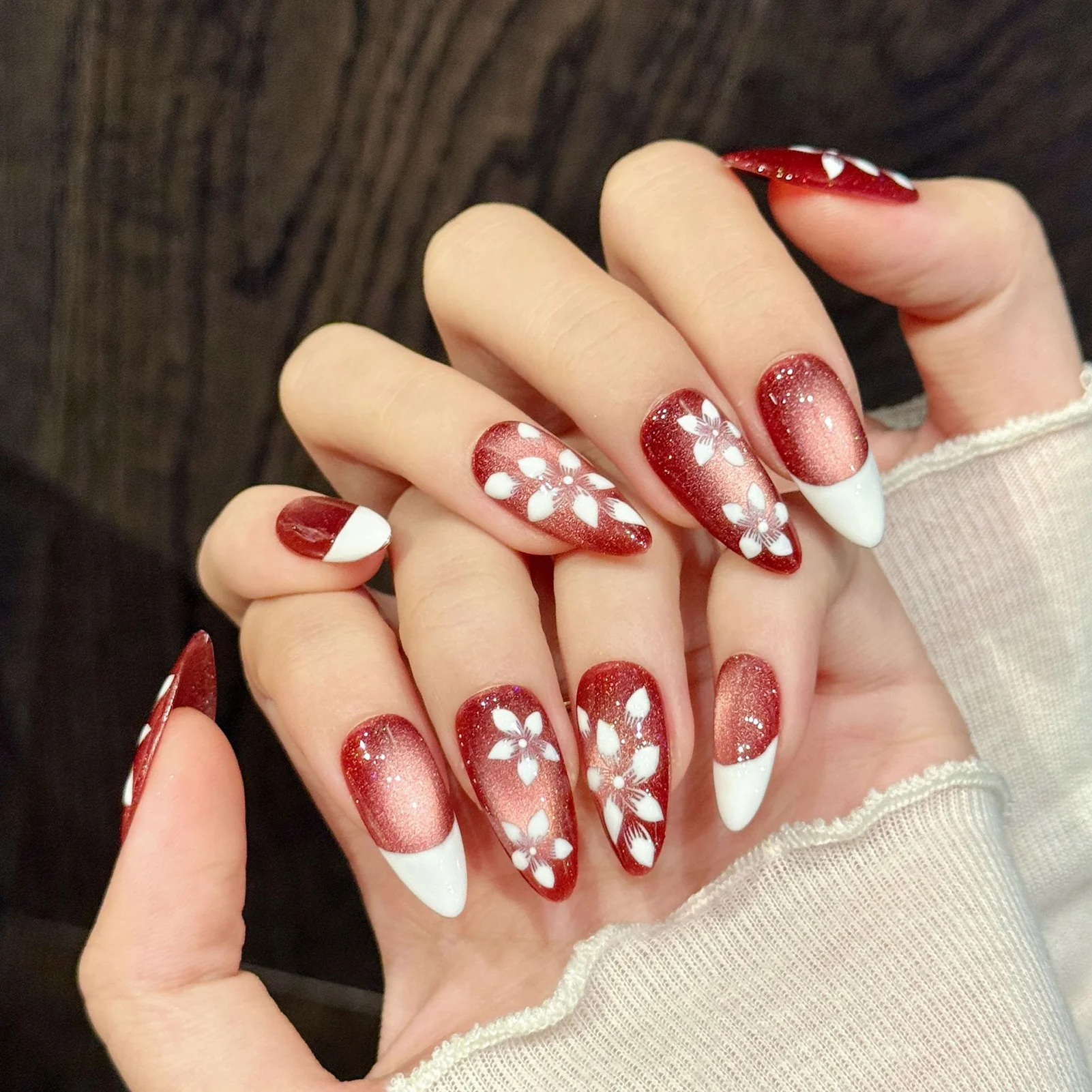 

10Pcs Red Handmade Almond Press On Nails, White French Fake Nails Glossy Cat's Eyes Designs, Stick-on False Nails Flower Decor