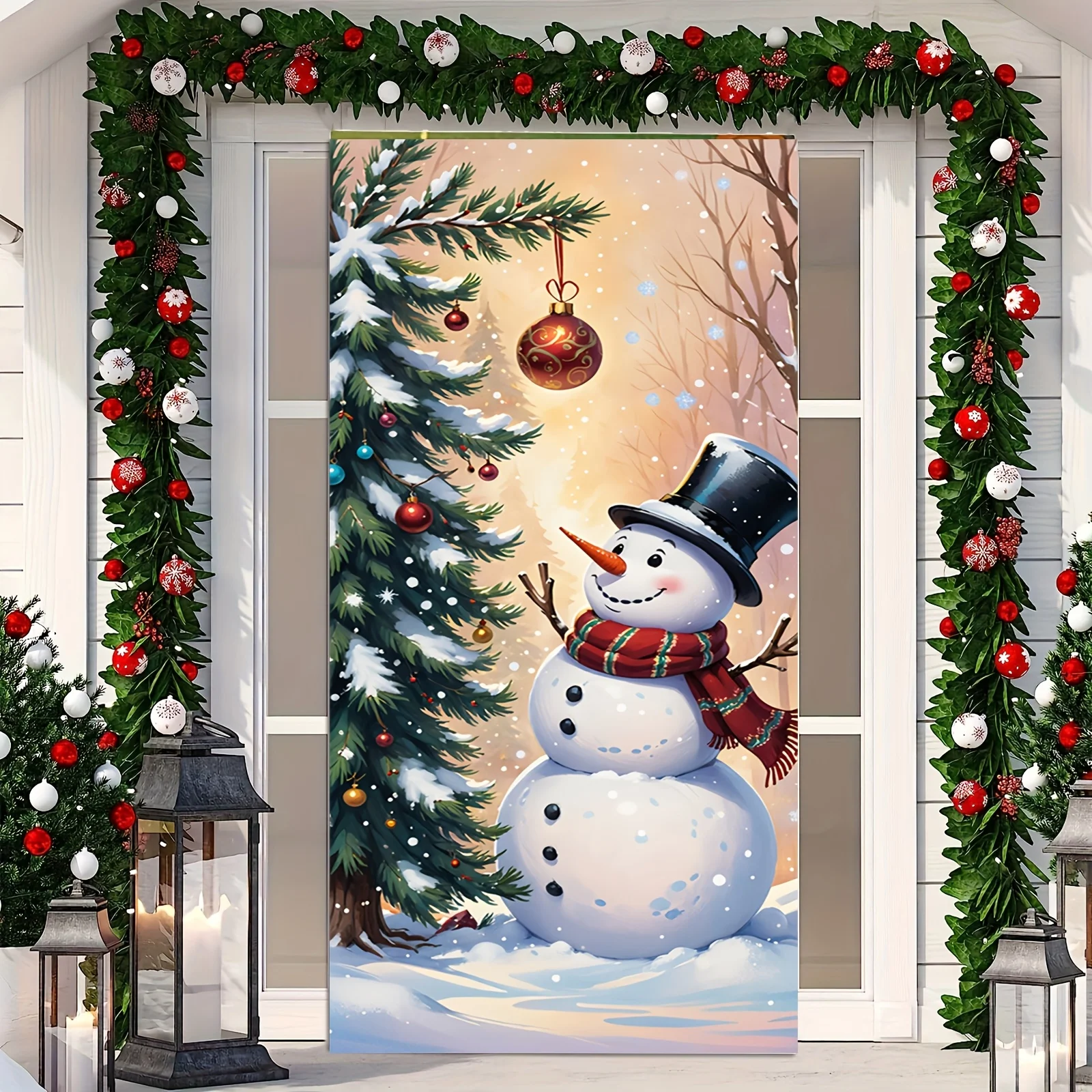 2D flat banner - 1 piece - Happy colorful Christmas snowman - Polyester fiber, multi-functional home holiday decoration