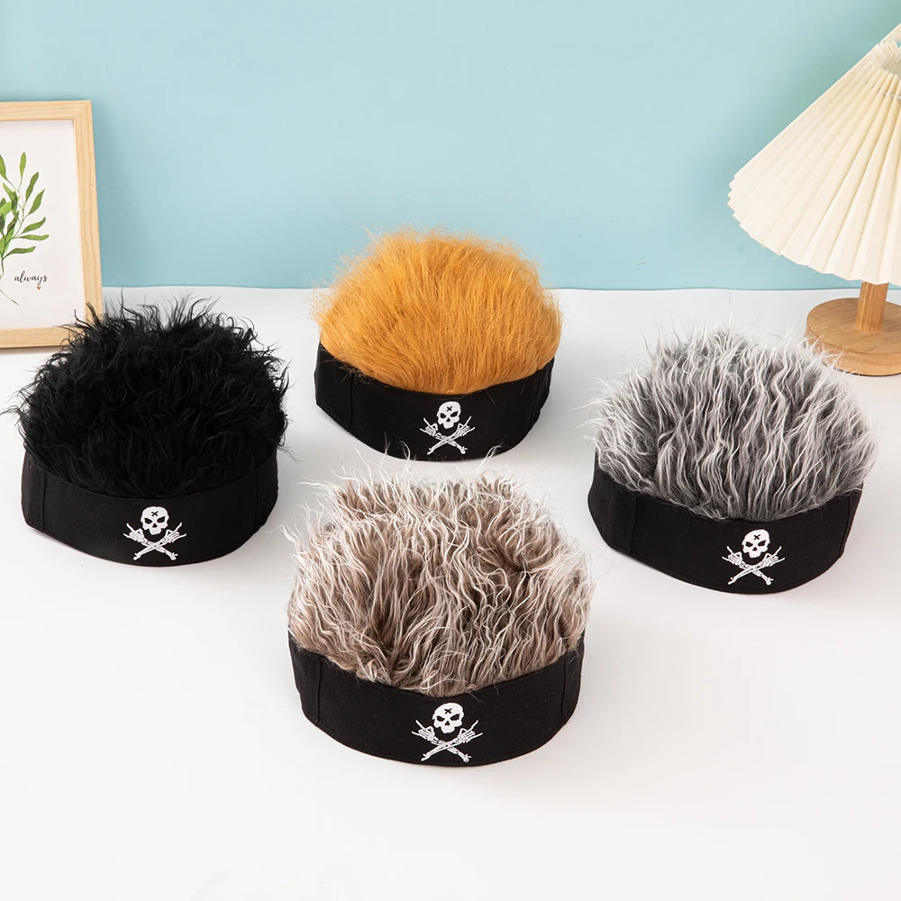 Quirky Wig Landlord Hat, Skull Embroidery Brimless Hat, Quirky Hip-Hop Street Fashion Hat, Party Hat