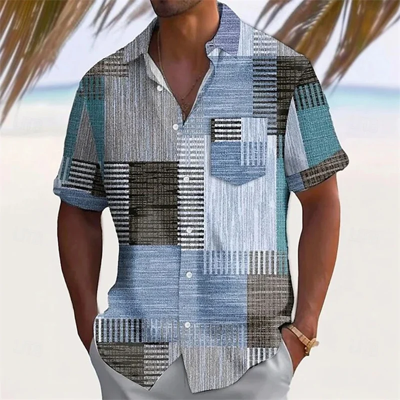 2026 New Men's Retro Color Block Plaid Short-Sleeve Shirt, Lapel with Pockets, Casual Vacation Style Men's Top, Sizes XS-6XL