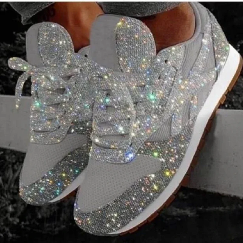 Tênis com glitter plano feminino, malha casual, bling com renda, plataforma, confortável, tamanho grande, sapatos vulcanizados, tricô macio, feminino, 2024