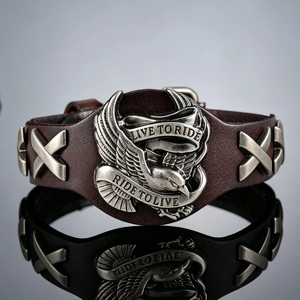 Herren Echtleder-Armband Punk Biker Adler Zinklegierung Armband Vintage Handgefertigt Verstellbare Schnalle Männlicher Motorrad-Schmuck – Detail 4