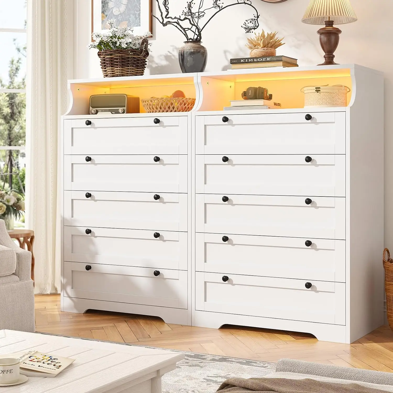 Dresser for Bedroom with LED, Tall Dresser with 5 Wood Drawers, Dressers & Chests of Drawers, Dressers  with Metal Handles