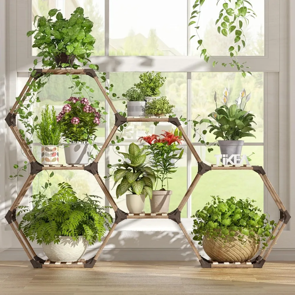 Tikea Plant Stand Indoor Outdoor Hexagonal Plant Stand for Multiple Plants Indoor Large Wooden Plant Shelf 7 Tiered Creative DIY