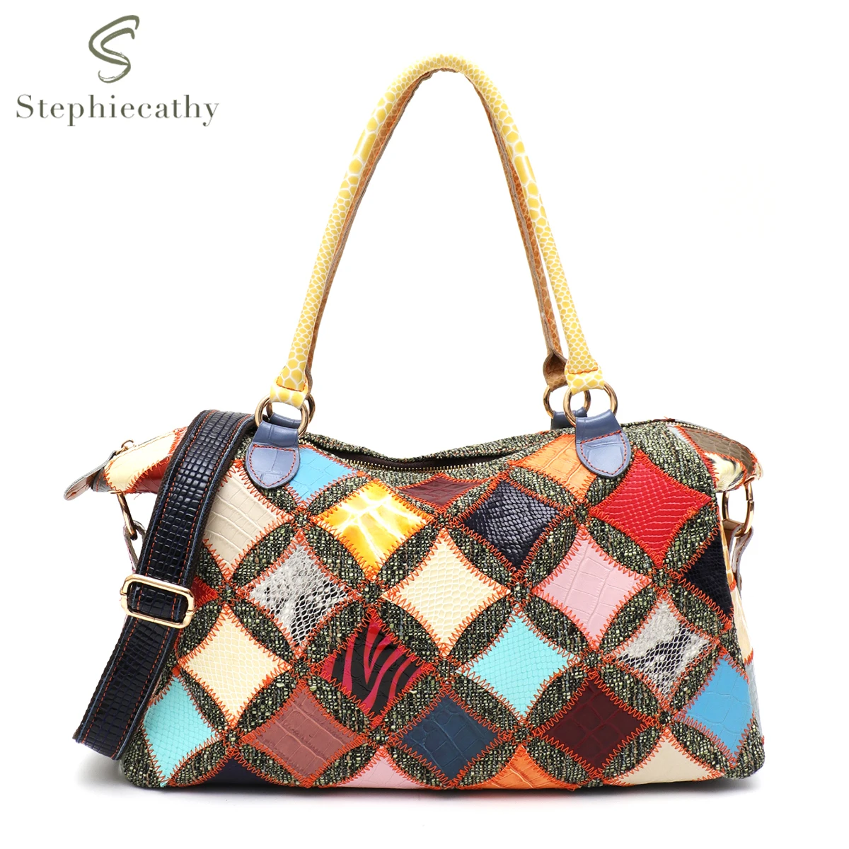 

SC Retro Multi Color Leather Piece Patchwork Canvas Shoulder Bag Women Retro Tribal Cowhide Large Tote Cross body Handbag Travel