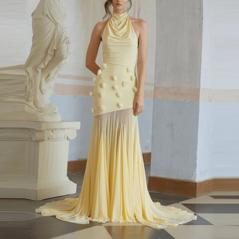 

Элегантное вечернее платье с высокой талией, однотонное, облегающее, с открытыми плечами, без рукавов, из сетки, плиссированное, для вечеринок