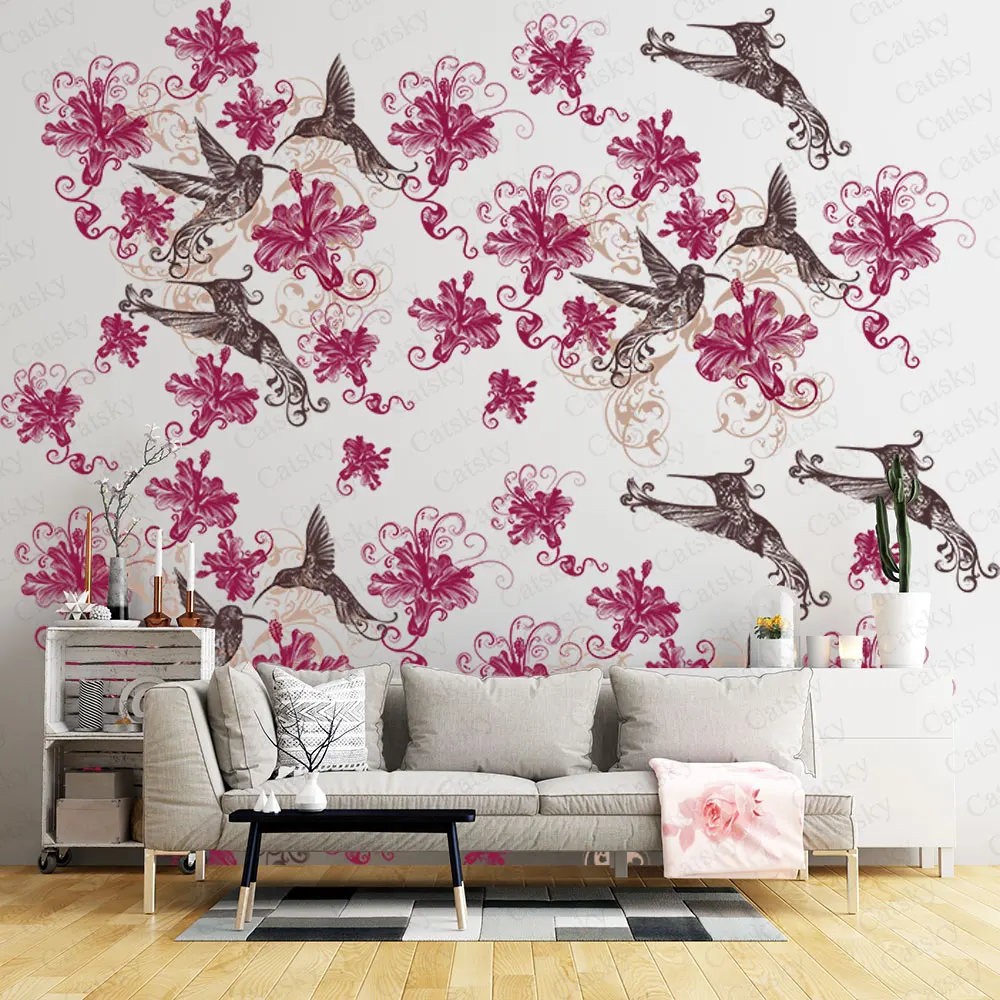 Family Pink Flower and Bird Print Self Adhesive Wallpaper Peel and Stick Bedroom Wallpaper Funitures Cabinet Paper Decoration