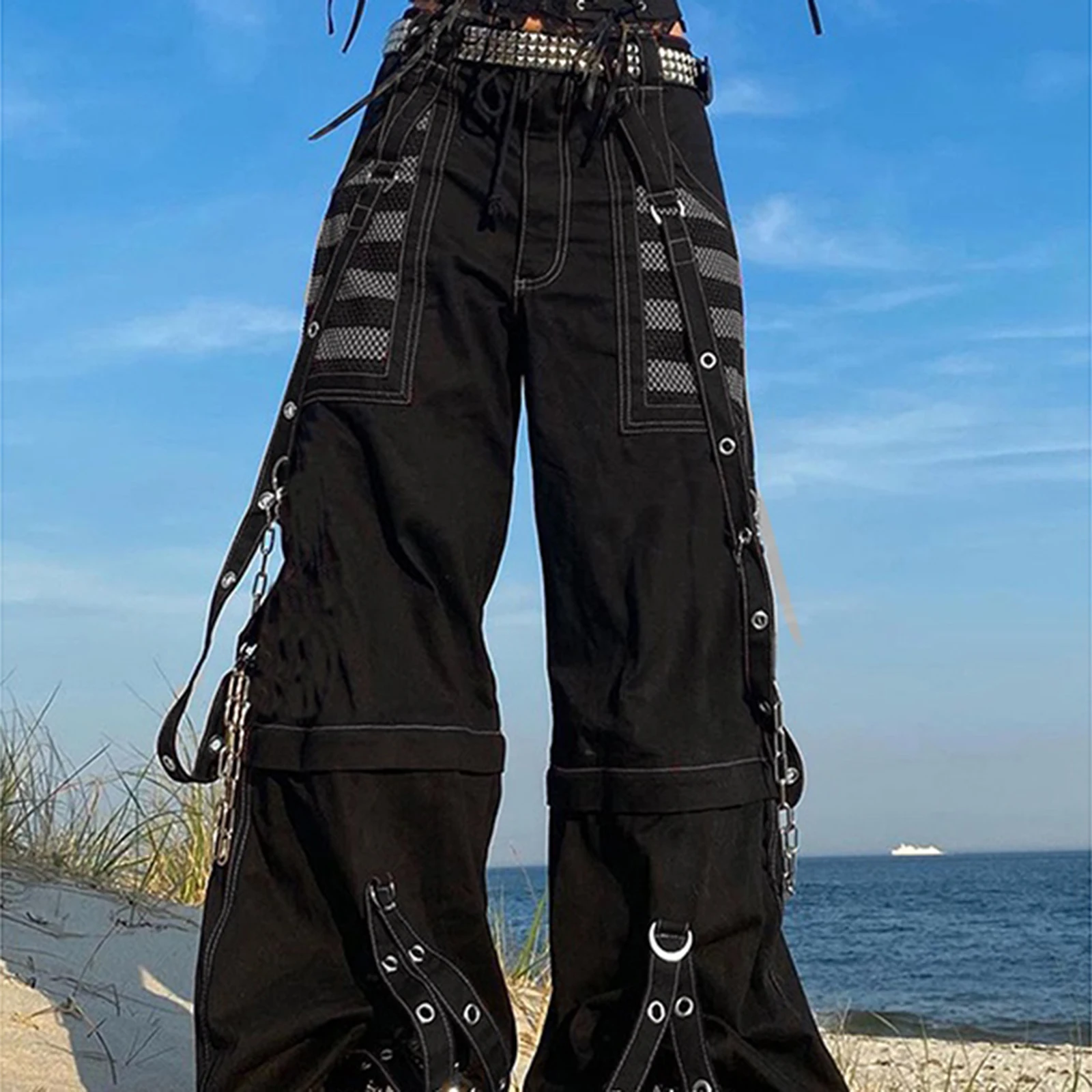 Mujer Otoño Invierno Cargo Jeans Rayas Cremallera Botón Cierre Pantalones Casuales Sueltos Streetwear con Bolsillos