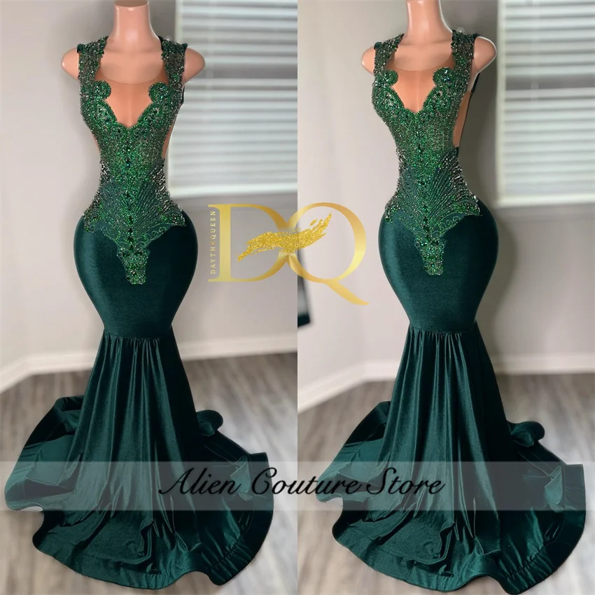 Vestido de graduación de sirena verde esmeralda brillante para niñas negras, cuentas de diamantes, vestido de noche de cristal, fiesta de cumpleaños, 2024