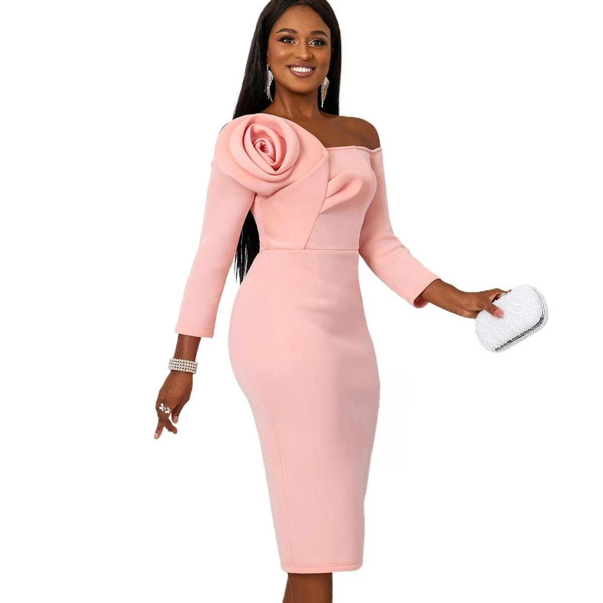 

Sexy Three-dimensional Flower Mid Length Formal Evening Dress With Long Sleeves