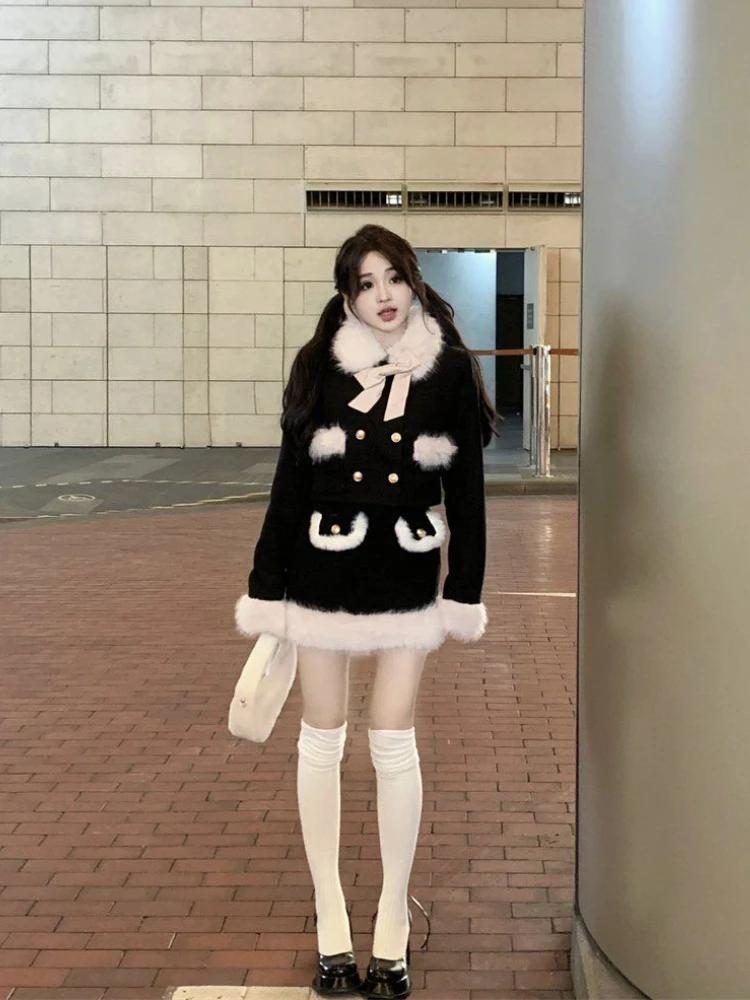 2023 Winter Kawaii Faux Fur Clothing Suit Woman Warm Elegant Coat + Slim Y2k Mini Skirt Outwear Korean Fashion Sets Office Lady