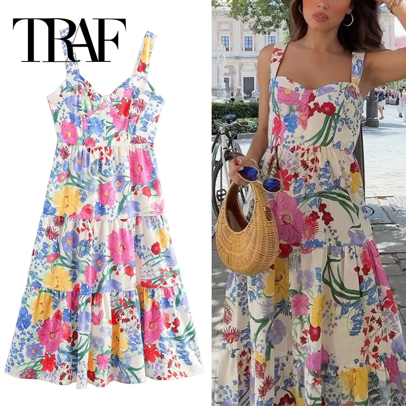 TRAF Floral Slip Long Dress Women Print Sleeveless Summer Dress Woman 2024 Ruched Backless Party Dresses Beach Holiday Dresses