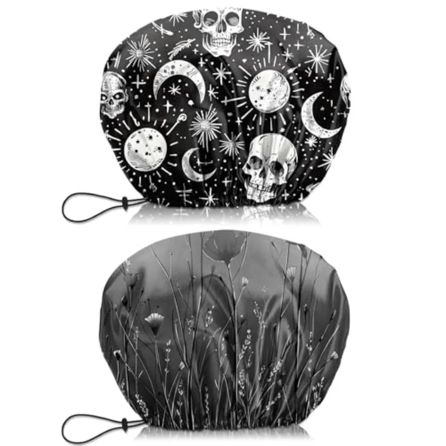 2 PCS Shower Cap Waterproof Double Layer Elastic Adjustable Reusable Hair Bath Caps for Girls Women Cute Aesthetic-Black Grey