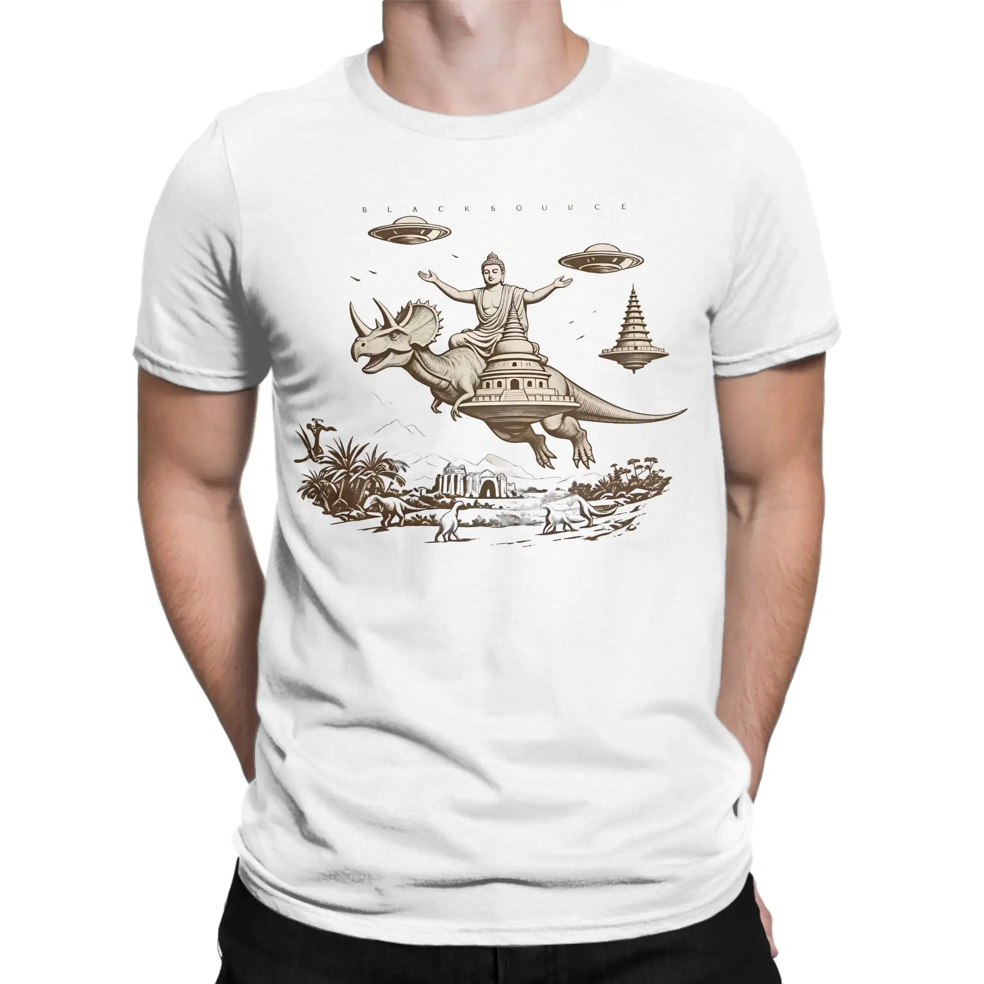 Men's Buddha Rides Triceratops T Shirts Cotton Top Tees Summer Y2K Fun Short-Sleeved T-Shirt O-Neck Casual Tshirt Big Size