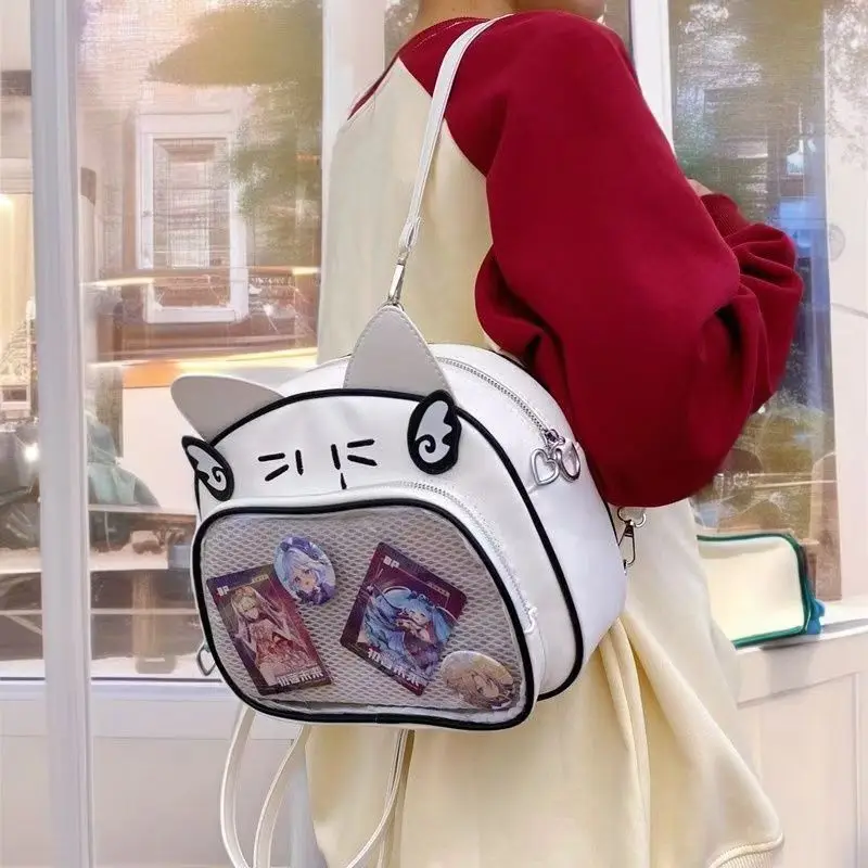 Y2K Bag Japanese Kawaii Cat Backpacks for Girls Sweet Cute Ear Design PU School Bag Popular Transparent Crossbody Bag Bolsa