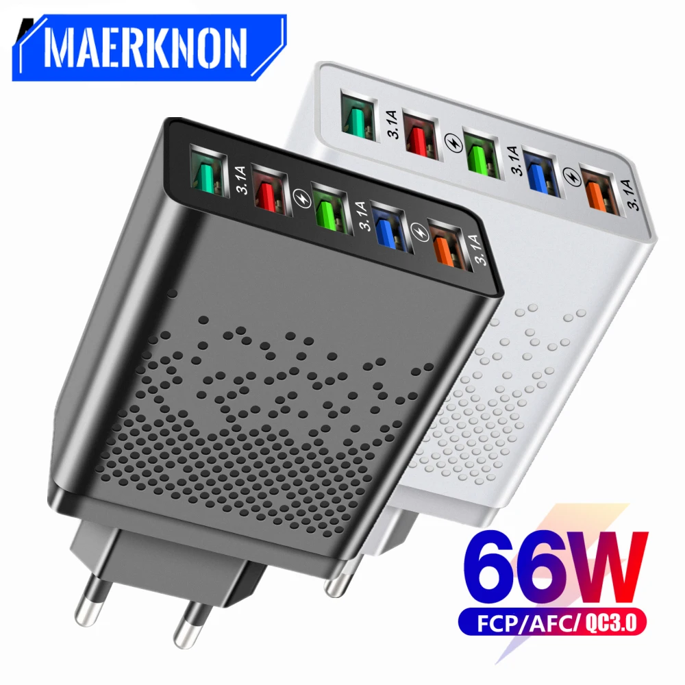 

66W USB Charger Quick Charge 3.0 5 Ports Phone Adapter For iPhone 14 13 Pro Max Xiaomi Portable Wall Mobile Charger Fast Charger