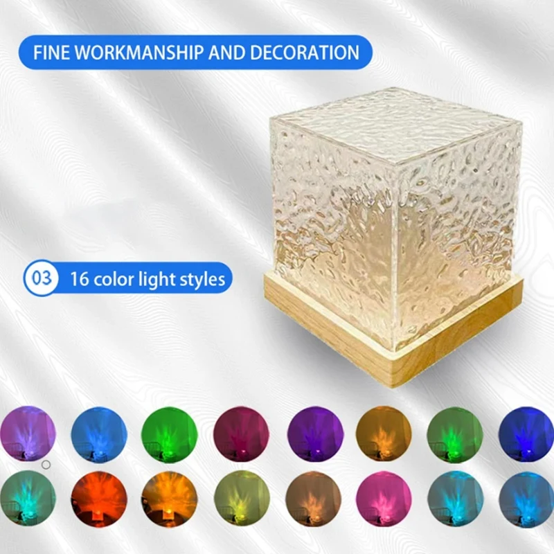 Lampe de budgétaire d'ondulation de l'eau dynamique 3D, veilleuse en cristal avec télécommande pour chambre à coucher, salon, étude, durable, 16 documents