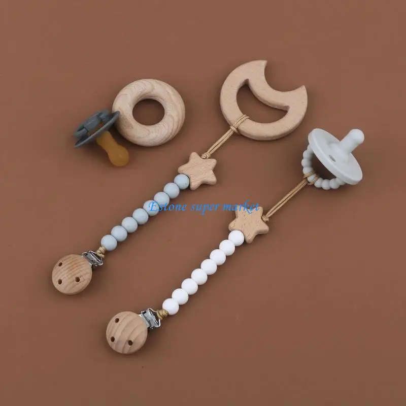 

090B Soother Holder Wooden Star Silicone Pacifier Clip Baby Bibs Clip Toddler Dummy Chains Nipple Clips Infant Shower Gift