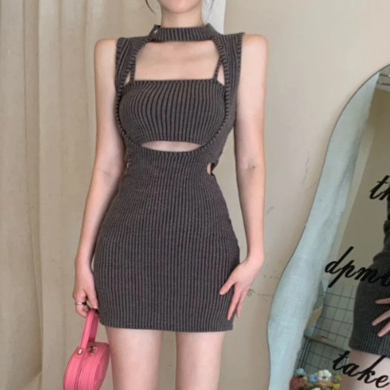 

Dress Women's Retro Slim Fit Dress Summer Hanging Neck Knit Wrap Hip Short dress women clothing