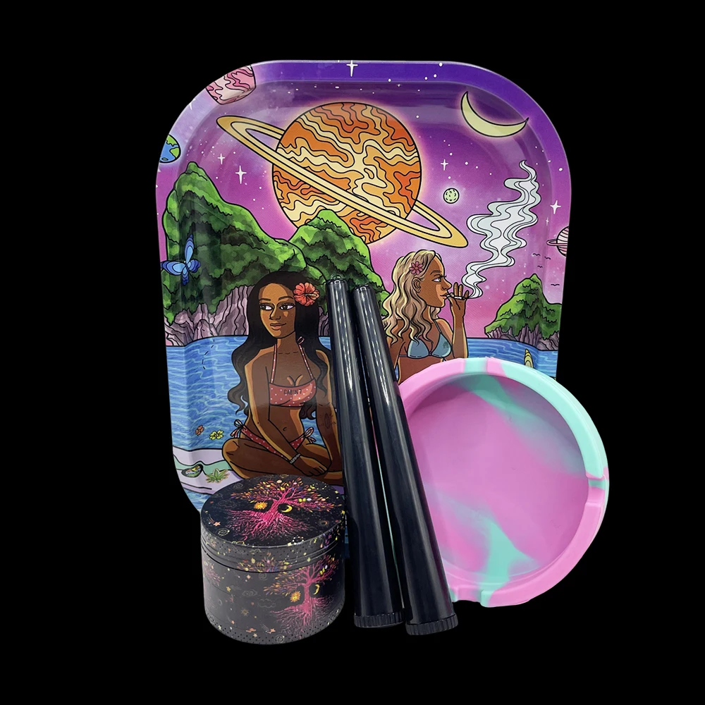 5 unids/set 50MM 4 capas amoladora de aleación de Zinc 18X14CM bandeja rodante de Metal tubo de almacenamiento de tabaco Cenicero de silicona Kit para fumar cigarrillos