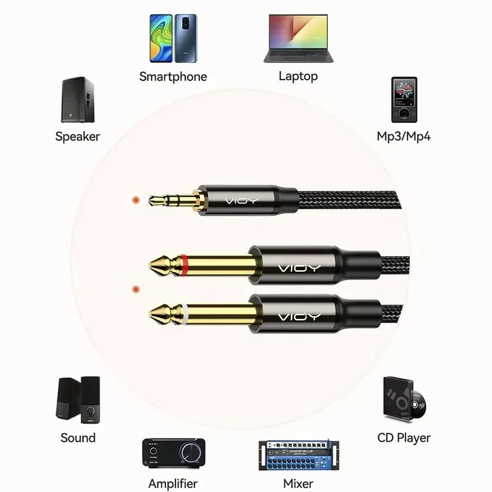 3.5 to 6.35 Stereo Cable 3.5mm TRS to 2 x 6.35mm TS Mono Y Splitter Audio Cord Compatible with Phone iPod Laptop Mixer Amplifier